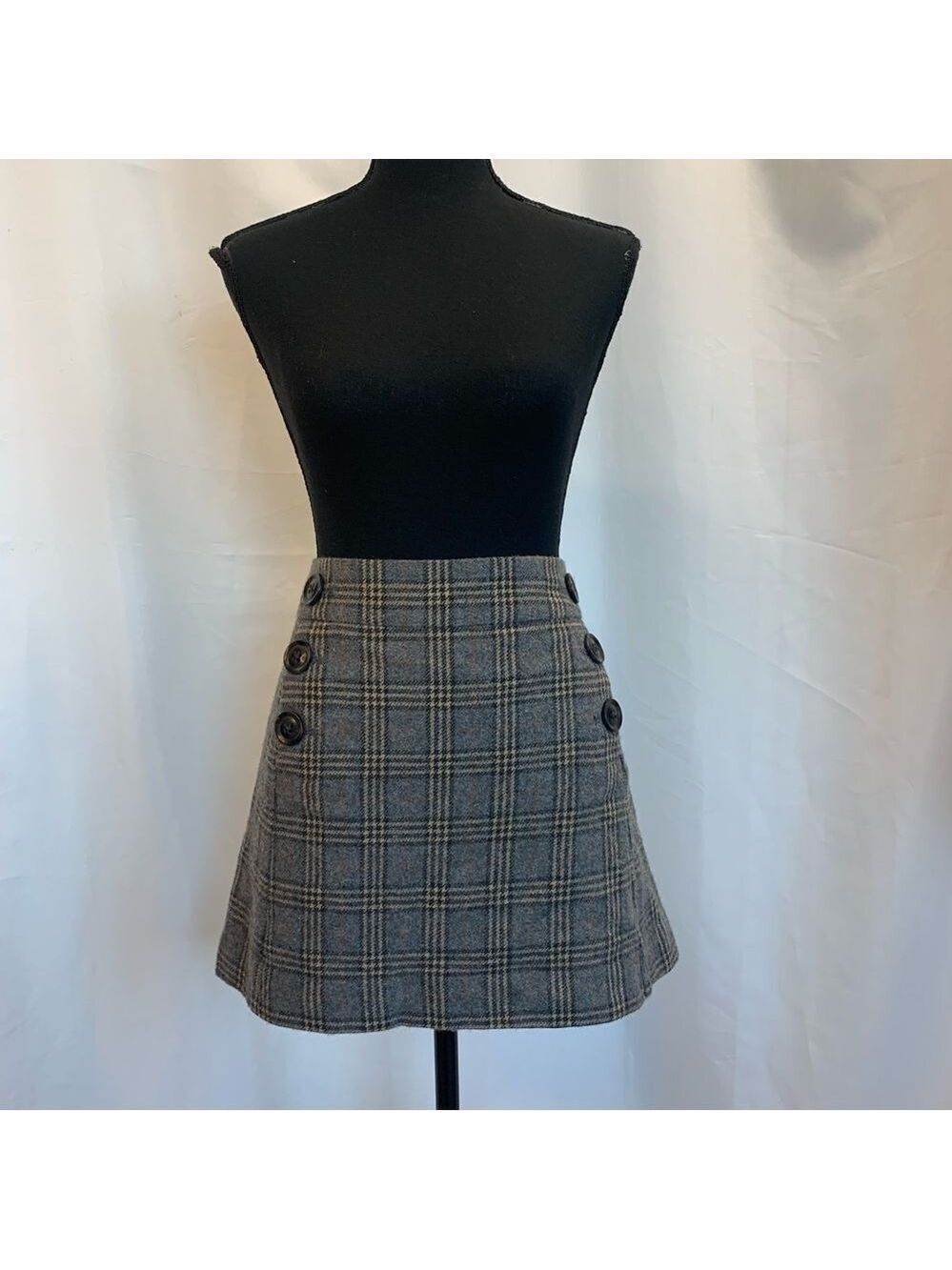 GAP gray brown wool plaid check button detail miniskirt Sz 8 - Picture 3 of 14
